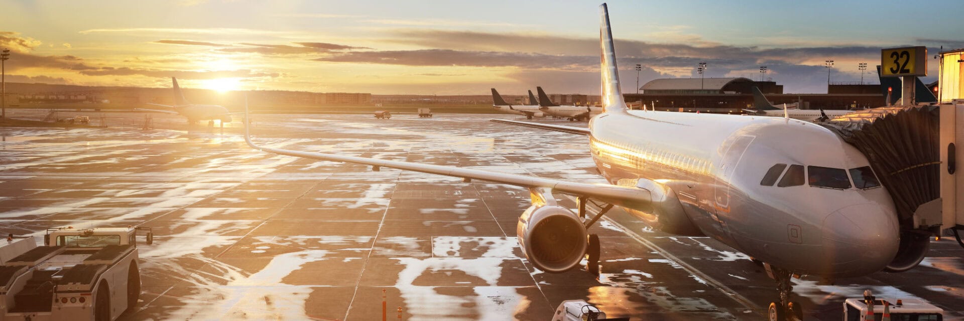 Ein Flugzeug steht in Parkposition am Terminalgebäude eines Flughafens vor dramatischen Himmel mit Sonnenuntergang. Zu sehen ist auch das Vorfeld mit Flughafenfahrzeugen, im Hintergrund weitere Flugzeuge.