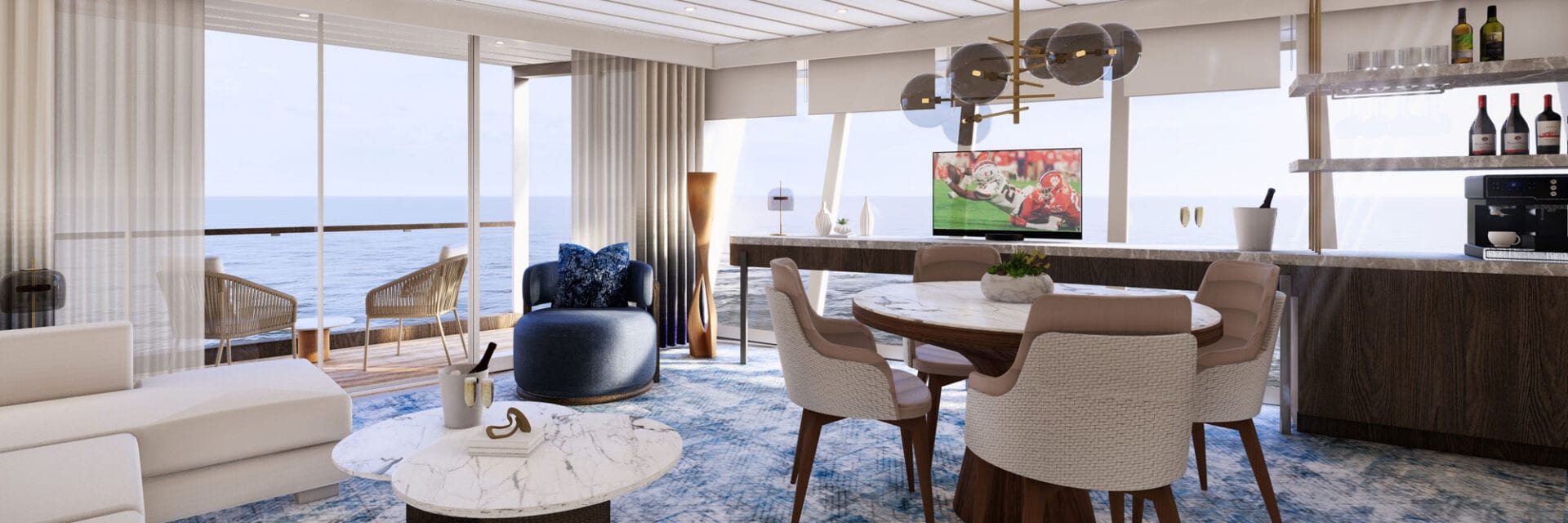 Helles, modernisiertes Kreuzfahrtschiff-Suite mit Meerblick, stilvollem Wohn- und Essbereich, großem Fenster und eleganter Einrichtung