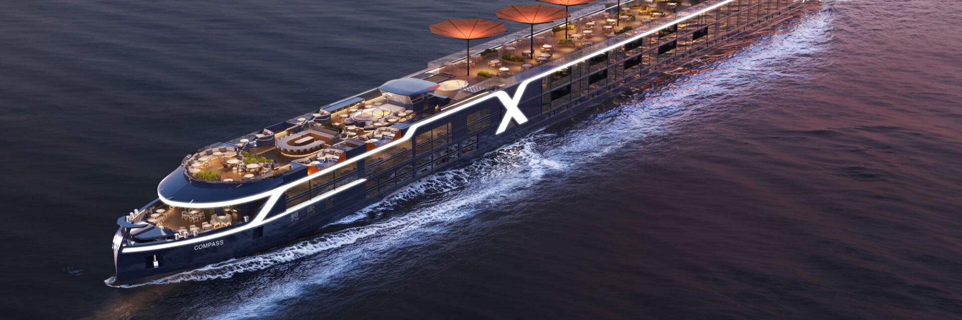 Abgebildet ist ein neu gebautes Luxus-Kreuzfahrtschiff der Celebrity Cruises, das auf dem Wasser unterwegs ist und mit innovativen Freizeitbereichen und großzügigen Außenflächen beeindruckt. Das Schiff symbolisiert maritime Innovation und Komfort.