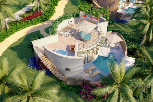 Das Bild zeigt eine luxuriöse Sandals Rondoval Villa in einem tropischen Resort mit privatem Pool, Sonnenterrasse, Jacuzzi und stilvollen Lounge-Möbeln, umgeben von Palmen und üppigen Gärten. Die Architektur ist modern und offen gestaltet und bietet exklusive Rückzugsmöglichkeiten für Paare.