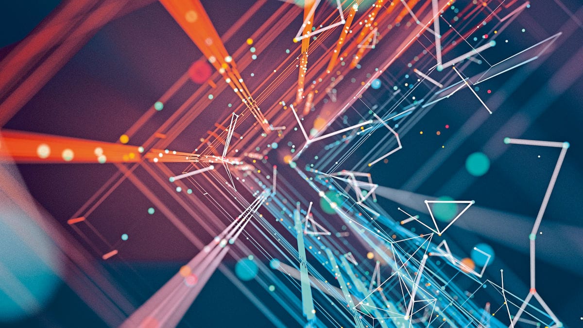 Ein abstraktes digitales Kunstwerk mit leuchtenden orangefarbenen, cyanfarbenen und weißen Linien und geometrischen Formen, die in einem dunklen, purpurfarbenen Raum zu einem zentralen Punkt konvergieren und ein Gefühl von Geschwindigkeit und Energie vermitteln.