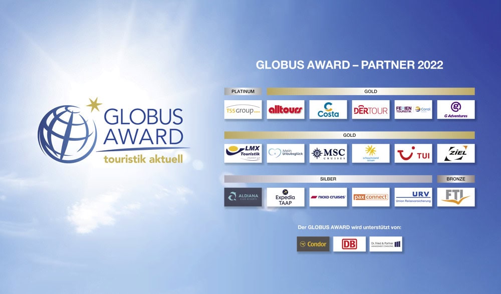 Globus Award 2022, Partner und Sponsoren. Der Globus Award ist ein Branchenpreis von touristik aktuell. Er zeichnet jedes Jahr besonders aktive und kreative Reisebüros in Deutschland aus – vor allem für Aktionen und Ideen, mit denen sie Kunden begeistern, neue Kunden gewinnen und Umsatz steigern.