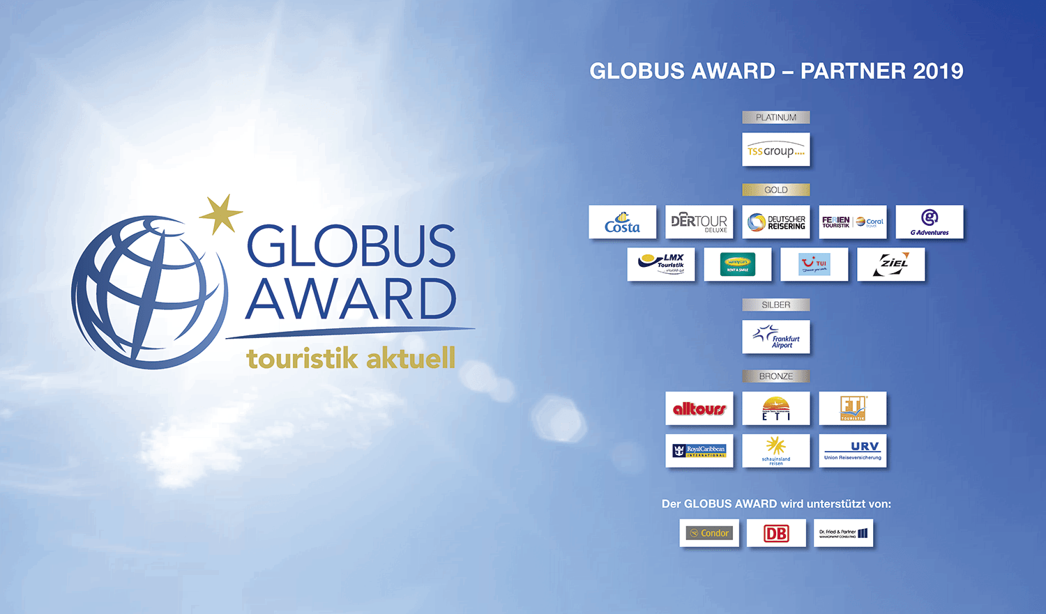 Globus Award 2019, Partner und Sponsoren. Der Globus Award ist ein Branchenpreis von touristik aktuell. Er zeichnet jedes Jahr besonders aktive und kreative Reisebüros in Deutschland aus – vor allem für Aktionen und Ideen, mit denen sie Kunden begeistern, neue Kunden gewinnen und Umsatz steigern.