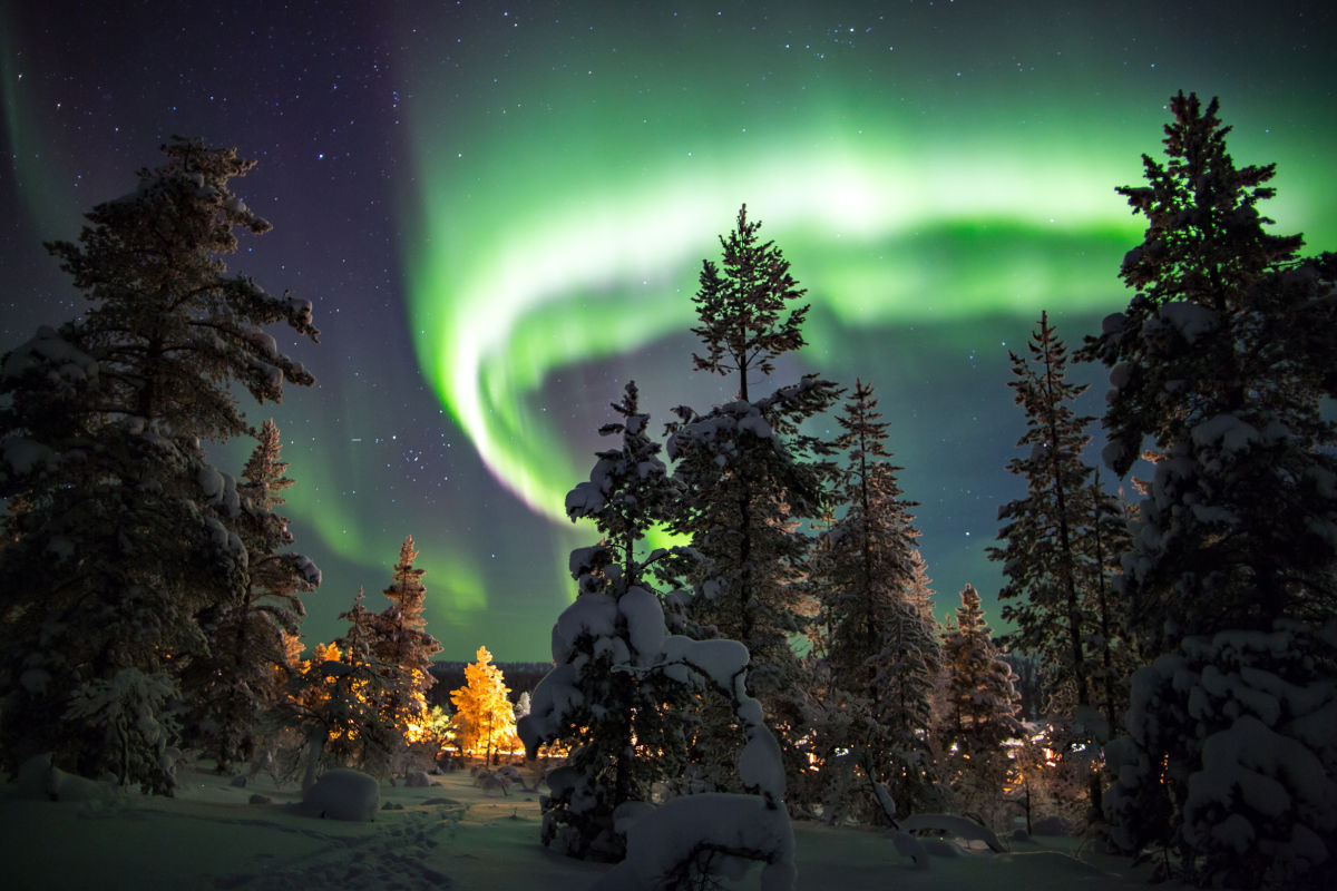 Über einem verschneiten Wald in Finnland leuchten grüne Polarlichter am Nachthimmel und tauchen die winterliche Landschaft in ein magisches Licht. Die Tannenbäume sind dick mit Schnee bedeckt und im Hintergrund sind einige warme Lichtquellen von Häusern zu sehen. Das Foto zeigt eindrucksvoll das Naturphänomen Aurora Borealis in Lappland.