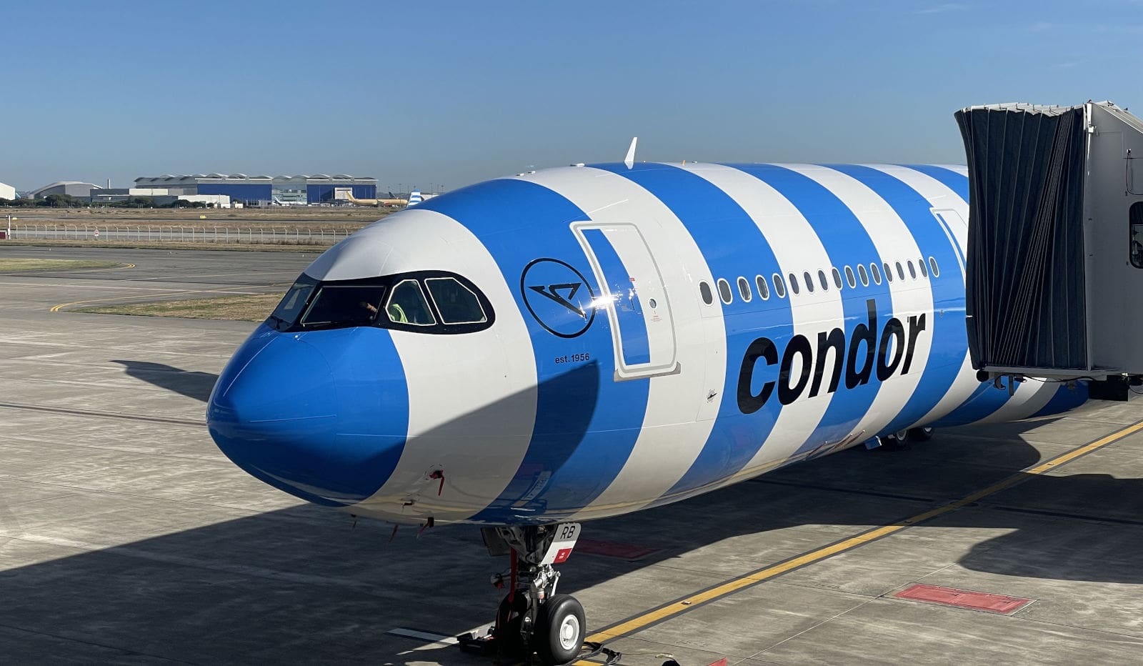 Ein modernes Condor-Flugzeug mit auffälligem blau-weiß gestreiftem Design steht am Flughafen auf dem Vorfeld und ist an eine Fluggastbrücke angedockt. Die Lackierung und das Logo der Airline sind deutlich zu erkennen.