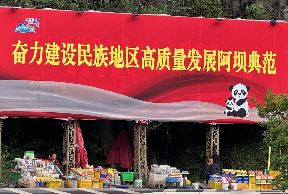 Roter Banner mit chinesischer Aufschrift über einem kleinen Straßenstand in einer bergigen, grünen Umgebung. Unter dem Banner sitzen zwei Personen zwischen Kisten mit Obst und Waren. Rechts ist eine Panda-Illustration auf dem Banner zu sehen.