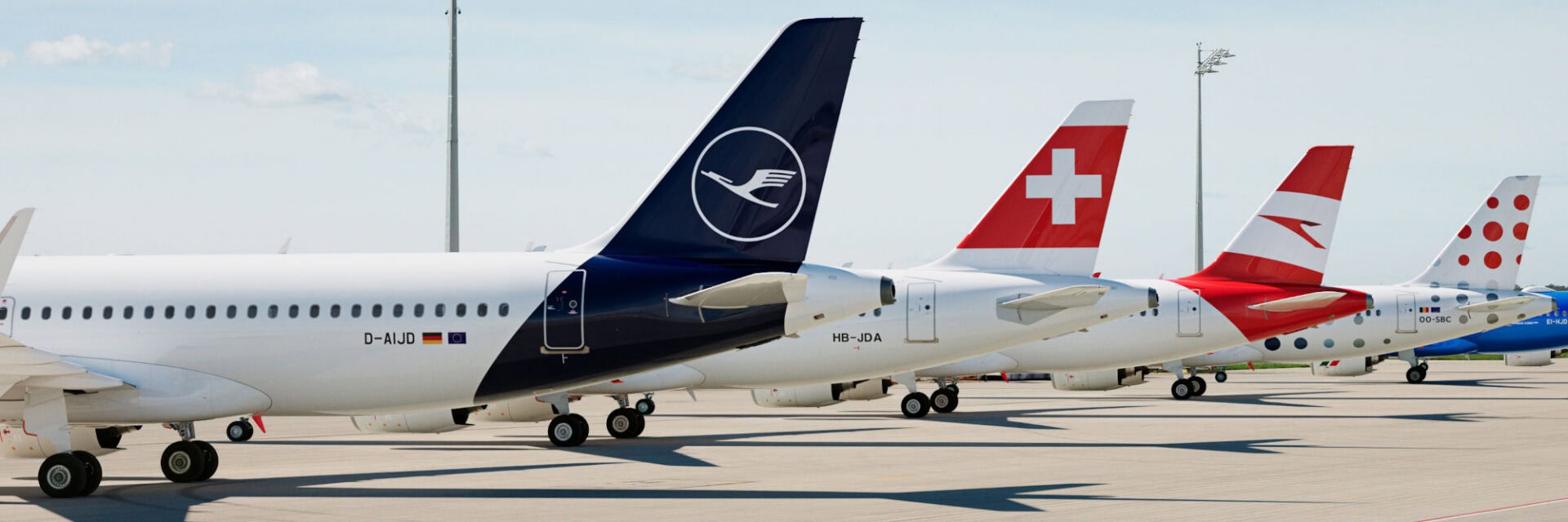 Auf diesem Foto stehen mehrere Flugzeuge verschiedener europäischer Airlines, darunter Lufthansa, Swiss, Austrian Airlines und Brussels Airlines, nebeneinander auf dem Vorfeld eines Flughafens. Die Flugzeug-Heckflossen mit den markanten Logos und Farben sind gut sichtbar, der Himmel ist leicht bewölkt.