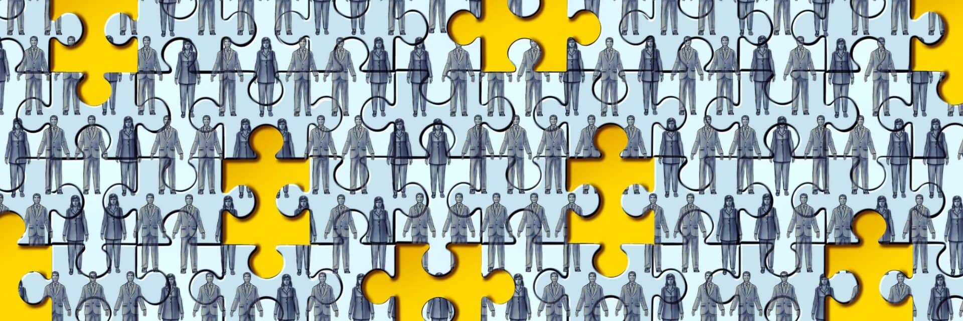 260318-fachkraeftemangel Illustration aus Puzzle-Teilen mit stilisierten Geschäftsleuten, einige Teile sind hervorgehoben und fehlen – Symbol für Fachkräftemangel und Lücken im Arbeitsmarkt.