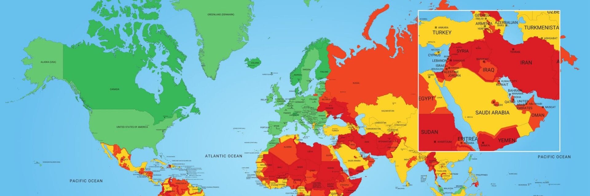 Weltkarte der Risk Map 2026 mit farblich markierten Sicherheitsrisiken, Fokus auf den Nahen Osten