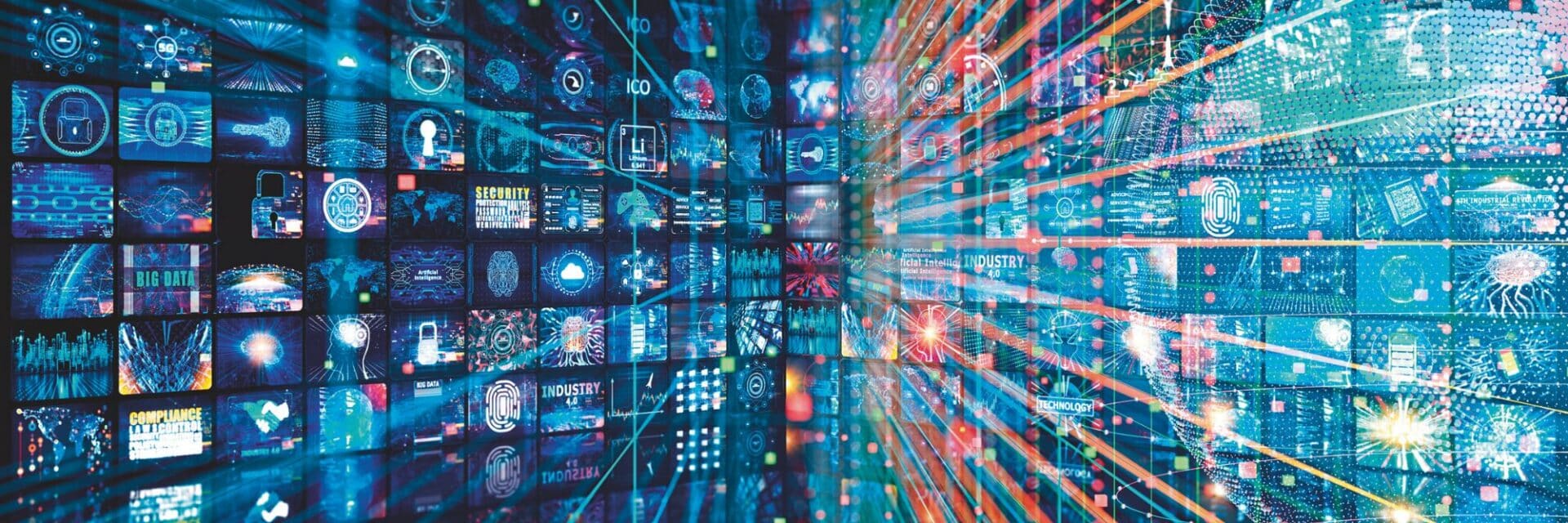 Ein abstraktes digitales Header-Bild für Technik-Themen, das ein futuristisches Netzwerk aus Monitoren, Bildschirmen und leuchtenden Datenströmen in Blau-, Grün- und Orangetönen zeigt, mit einer zentralen Weltkugel und dynamischen Lichtstrahlen.