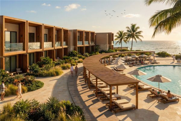 Das Bild zeigt eine luxuriöse Hotelanlage auf den Kapverden mit modernen Zimmern, einem großen Pool und Palmen direkt am Strand bei Sonnenuntergang. Sonnenliegen und Sonnenschirme laden zum Entspannen am Pool ein, während das Meer im Hintergrund glitzert.