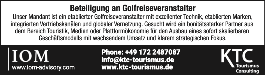 Etablierter Golfreiseveranstalter mit globaler Vernetzung sucht Partner aus Touristik oder Medien. Nutzen Sie ein skalierbares Geschäftsmodell mit wachsendem Umsatz für gemeinsame Expansion.