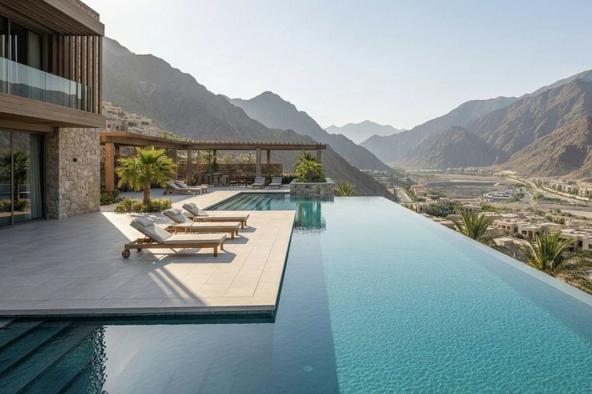 Infinity-Pool und Sonnenterrasse eines modernen Bergresorts mit weitem Blick auf ein Tal und die schroffen Berge im Oman.