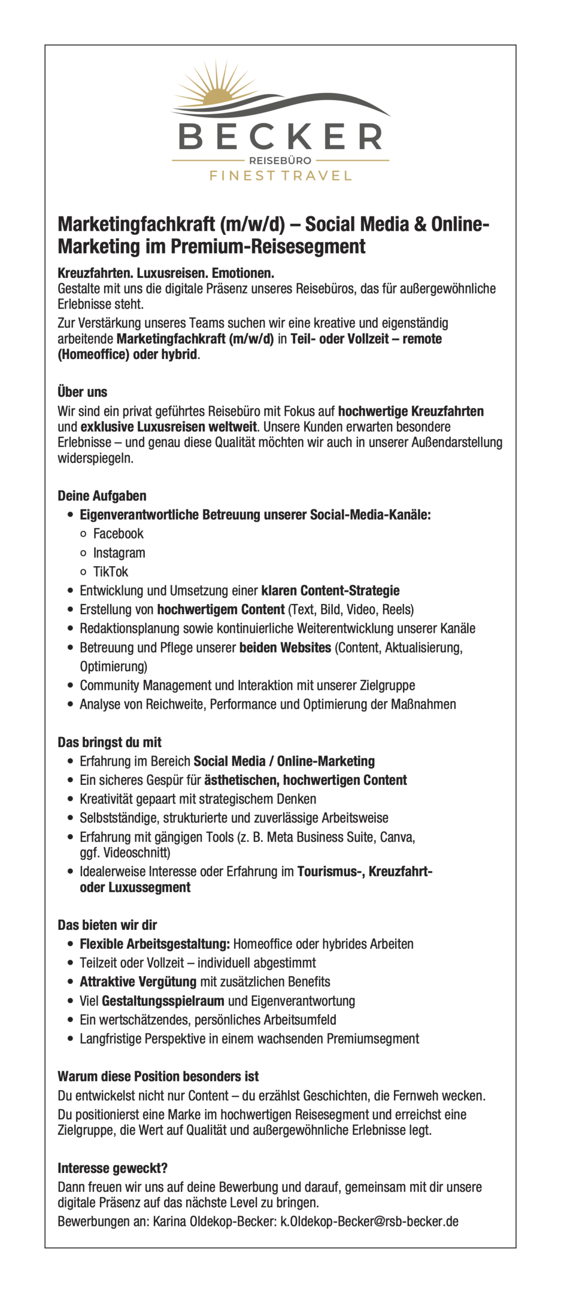 Stellenanzeige für eine Marketingfachkraft im Bereich Social Media und Online-Marketing für ein Reisebüro, mit Fokus auf Kreuzfahrten.