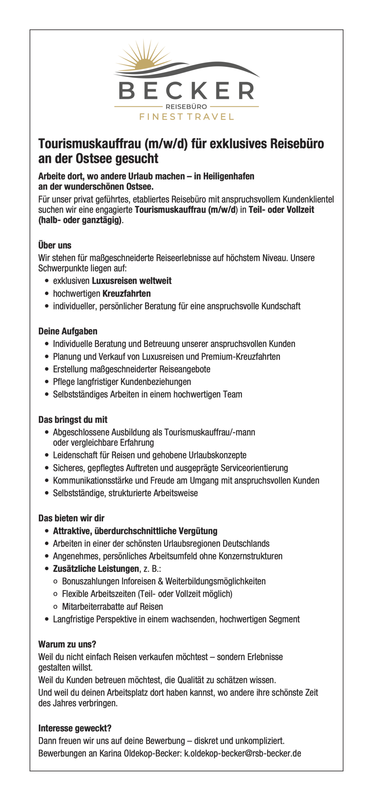 Stellenanzeige für eine Tourismusfachkraft in einem Reisebüro, präsentiert auf einem weißen Hintergrund mit Logo und strukturiertem Text.