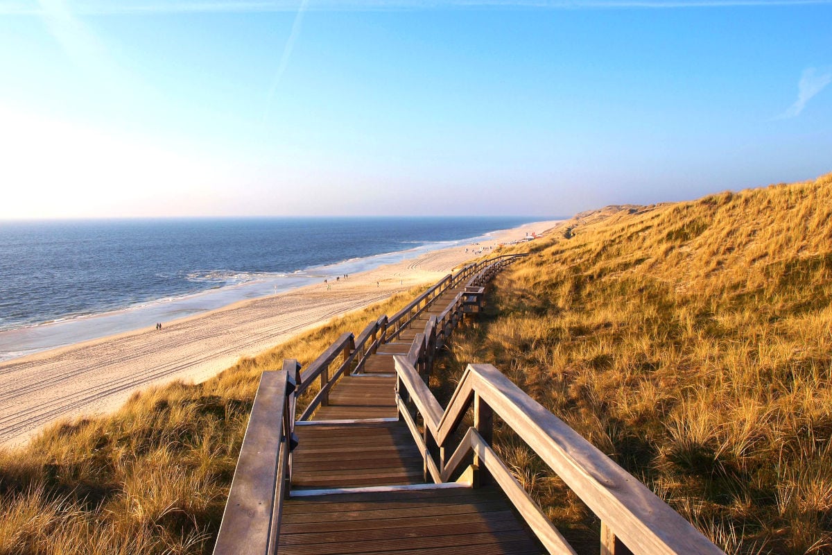 Ein Holzsteg führt durch Dünenlandschaft zu einem weiten Sandstrand auf der Insel Sylt mit sanften Wellen und klarem Himmel im Hintergrund.