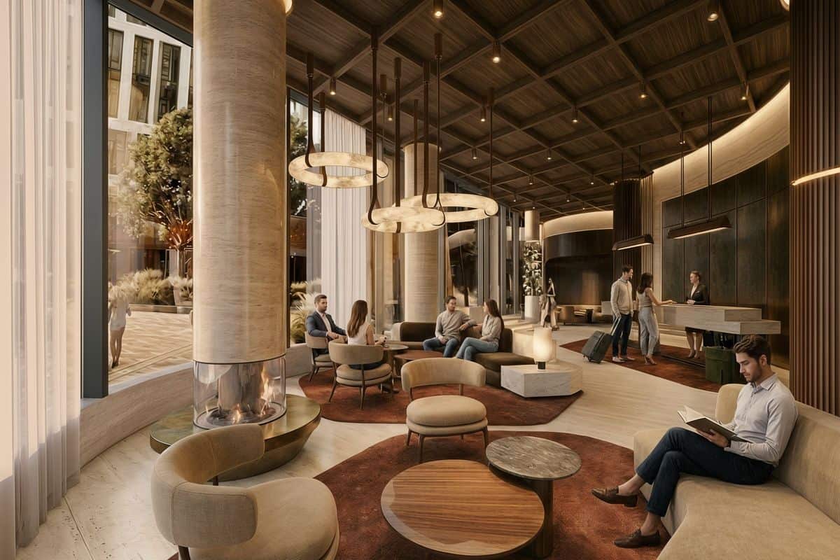 Moderne Hotellobby mit stilvollen Möbeln, großen Fenstern und einem Empfangstresen. Gäste entspannen und interagieren in einem eleganten Ambiente.