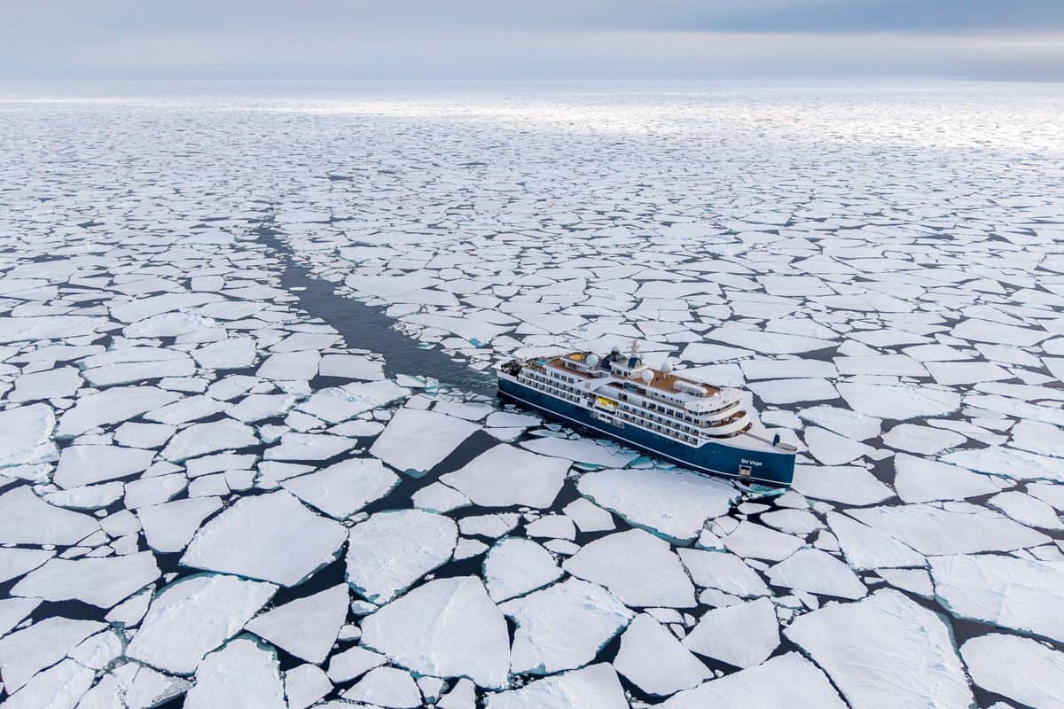 Ein Kreuzfahrtschiff fährt durch ein Meer aus treibendem Eis, umgeben von zahlreichen Eisschollen und einem weiten, bewölkten Himmel.
