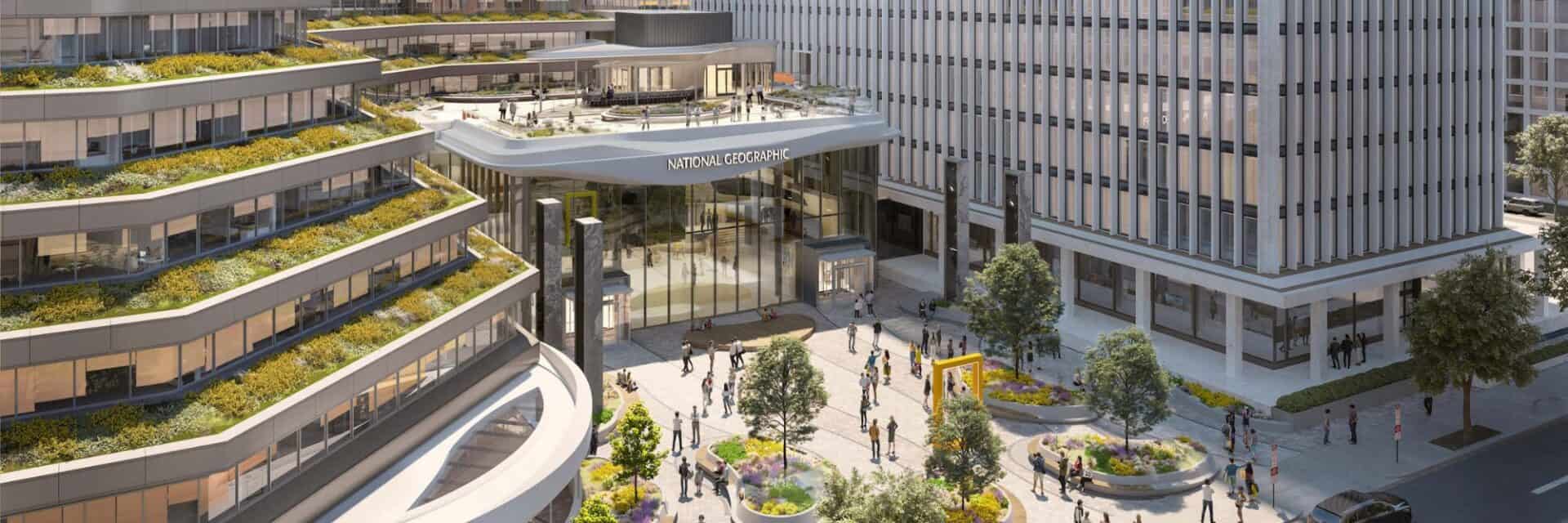 national-geographic-museum-washington Moderne Architektur eines Gebäudes mit begrünten Terrassen und einem einladenden Eingangsbereich, umgeben von Bäumen und Blumenbeeten.