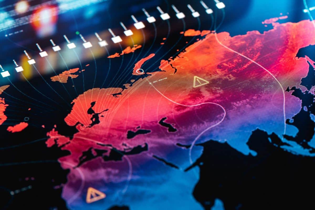 Detailansicht einer digitalen Weltkarte mit farblichen Verläufen und grafischen Elementen, die geographische Informationen darstellen.