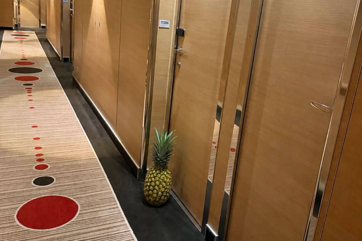 Ein Flur in einem Hotel mit einem Teppich in Beige und roten Punkten. Eine Ananas steht neben einer Zimmertür.