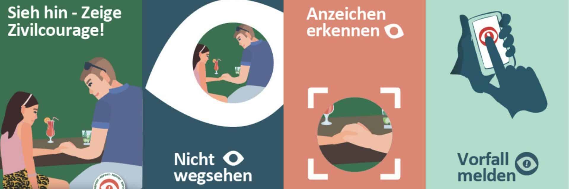 kampagne-kindesausbeutung-reisen Illustration mit vier Abschnitten, die verschiedene Szenen von Zivilcourage und Aufmerksamkeit darstellen, einschließlich Getränke und Hände.