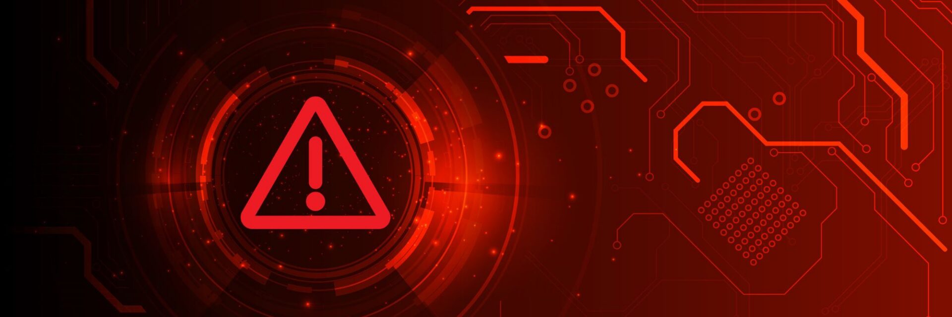 betrug-online-warnung Grafik mit rotem Warnsymbol auf digitalem Hintergrund, umgeben von abstrakten Linien und Punkten in verschiedenen Rottönen.