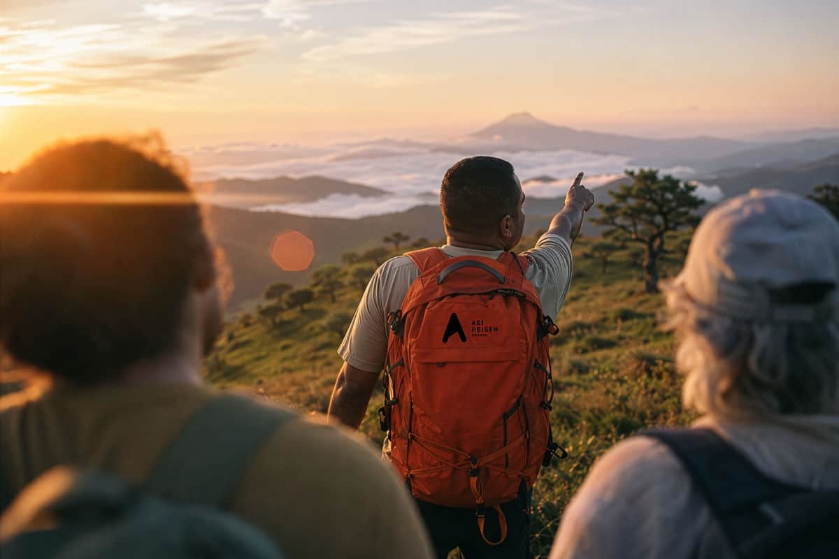 Drei Personen mit Rucksäcken stehen auf einem Bergkamm bei Sonnenuntergang, eine Person zeigt in die Ferne auf eine wolkenverhangene Berglandschaft.