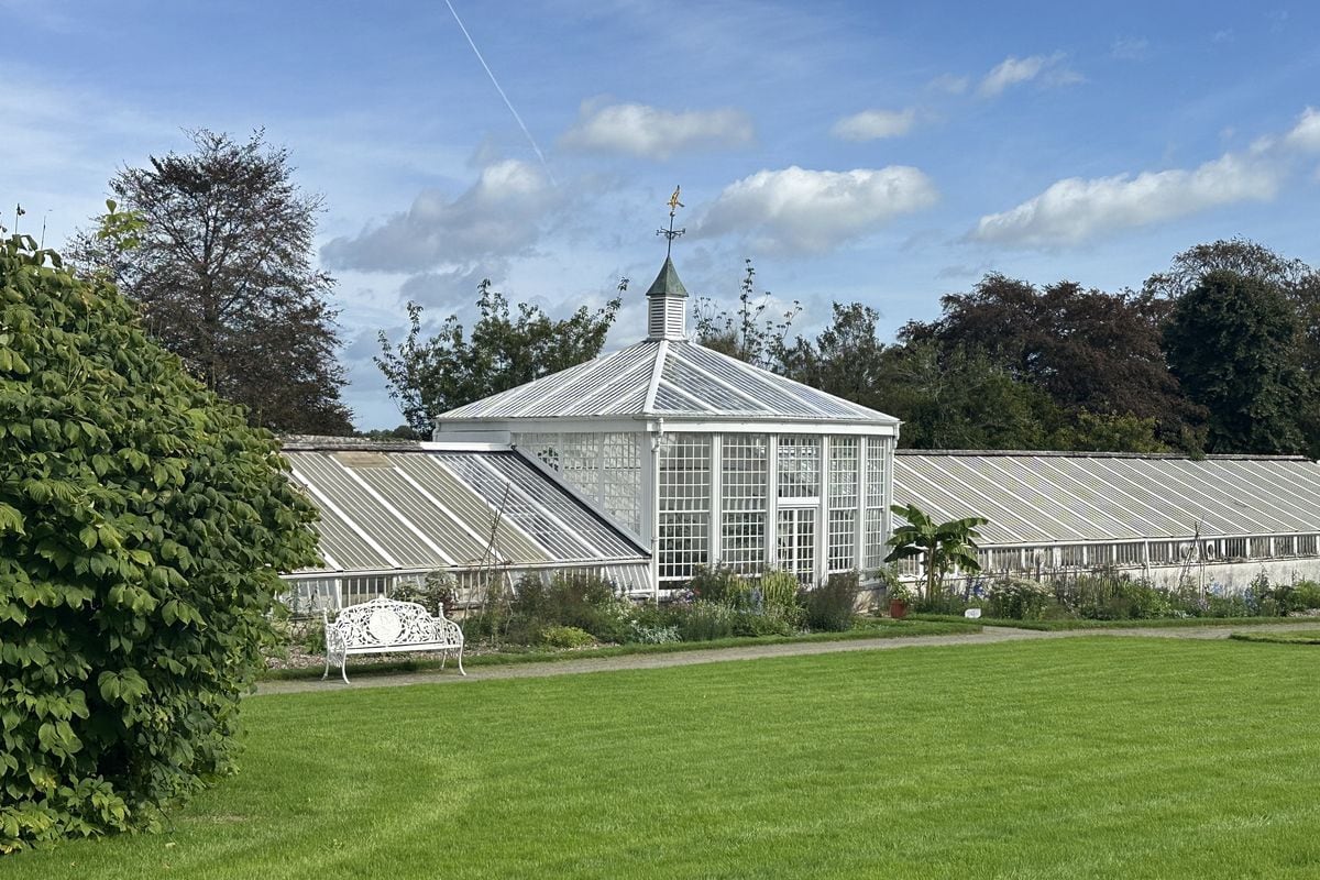 Ein historisches, weißes Gewächshaus mit Glasdach und Wetterfahne steht in einem gepflegten Garten mit einer weißen Bank auf einem Kiesweg im Vordergrund.