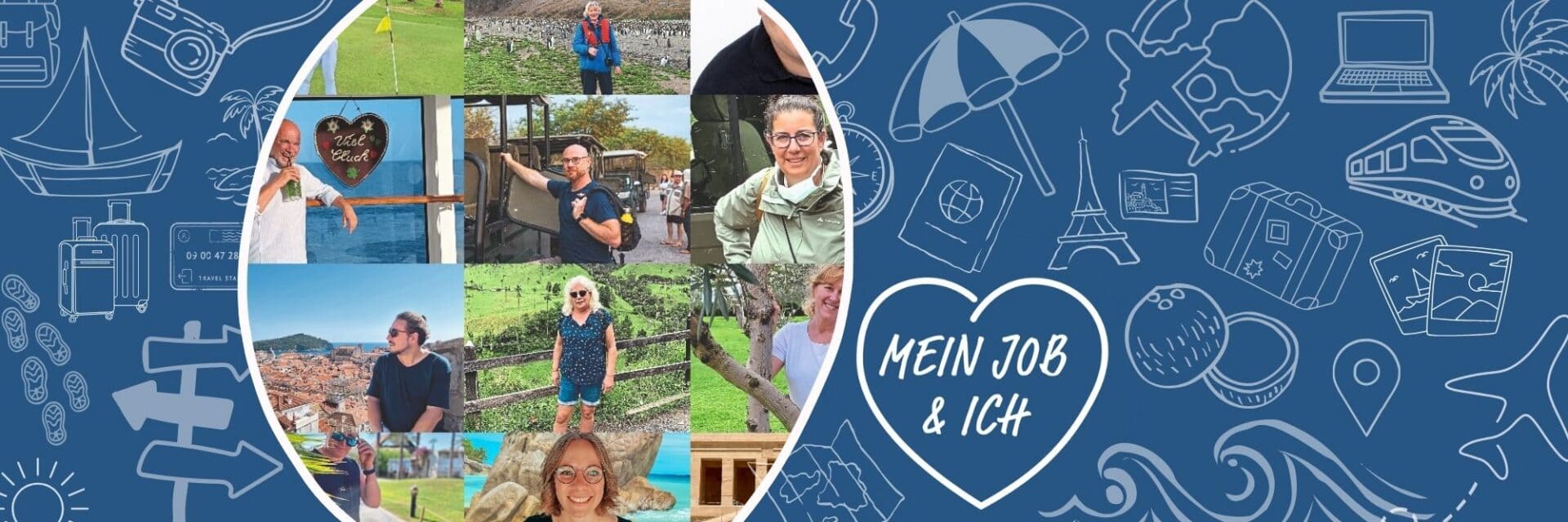 Eine Collage von Reisefotos, die verschiedene Personen an verschiedenen Orten zeigt, umgeben von Reise-Icons.
