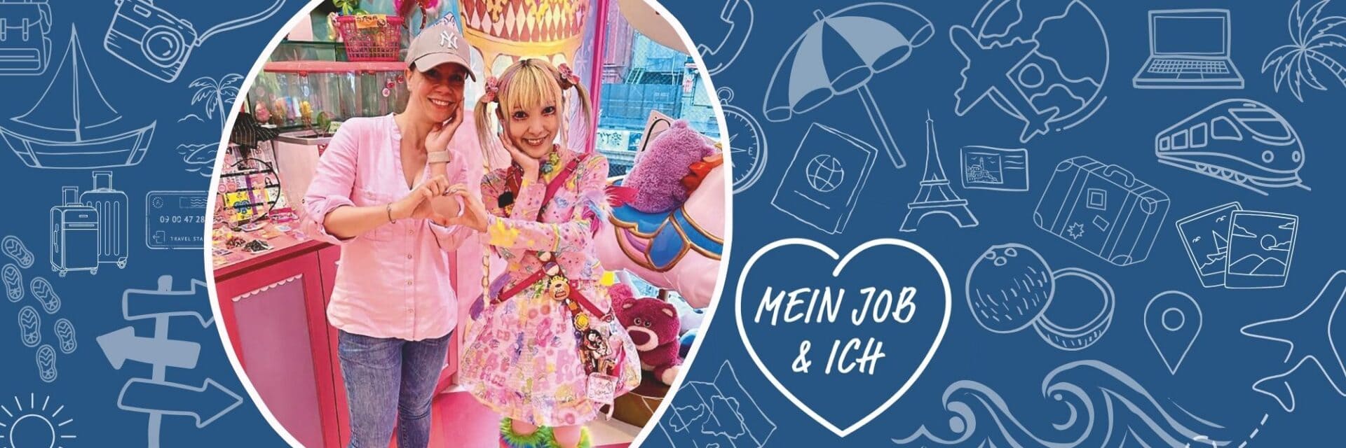 Mein Job und Ich Nina Orschel Eine Frau mit Cap und eine junge Frau in einem bunten, verspielten Outfit stehen nebeneinander und formen gemeinsam mit ihren Händen ein Herz vor der Brust.
