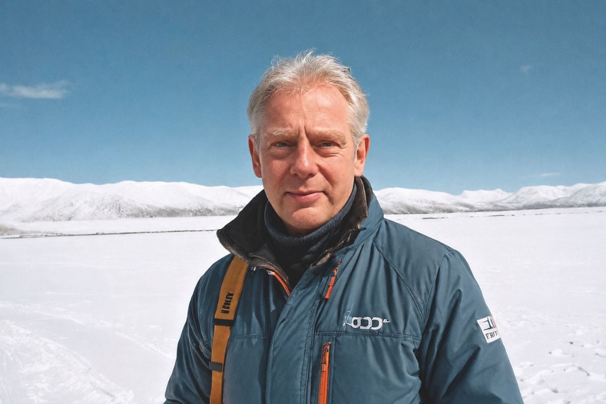 Ein Mann mit grauem Haar trägt eine blaue Funktionsjacke und einen gelben Rucksackgurt vor einer weiten, schneebedeckten Landschaft unter blauem Himmel.
