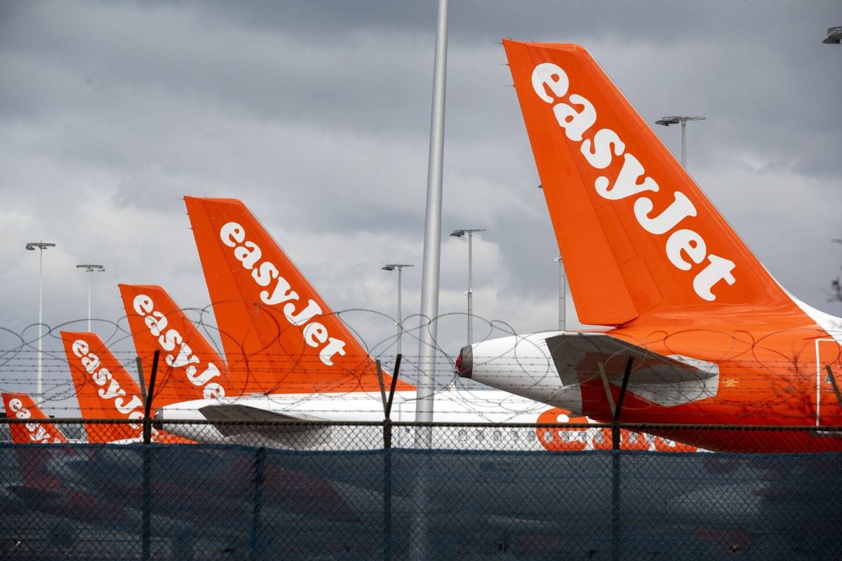 Mehrere orangefarbene Seitenleitwerke von easyJet-Flugzeugen stehen hinter einem hohen Sicherheitszaun mit Stacheldraht unter einem bewölkten Himmel.