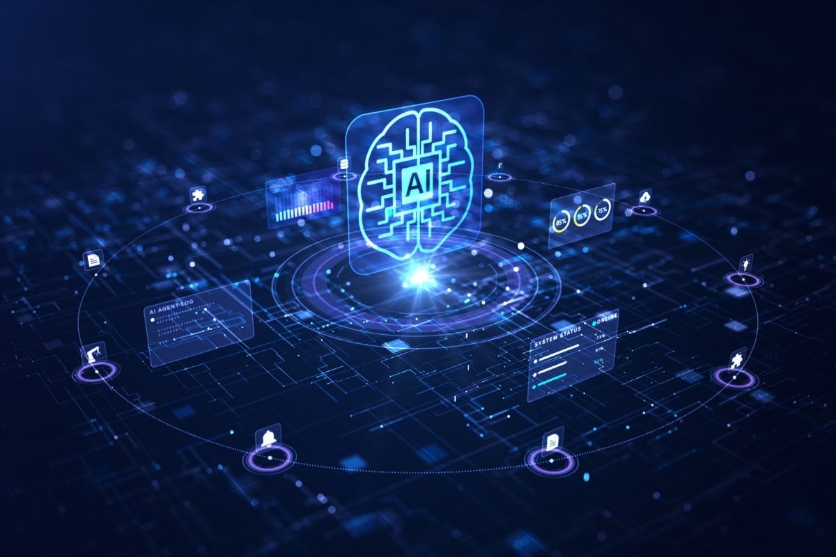 Eine digitale Grafik zeigt ein leuchtendes Gehirn-Symbol mit AI-Schriftzug, umgeben von kreisförmigen Datenanzeigen und technologischen Schnittstellen-Icons.