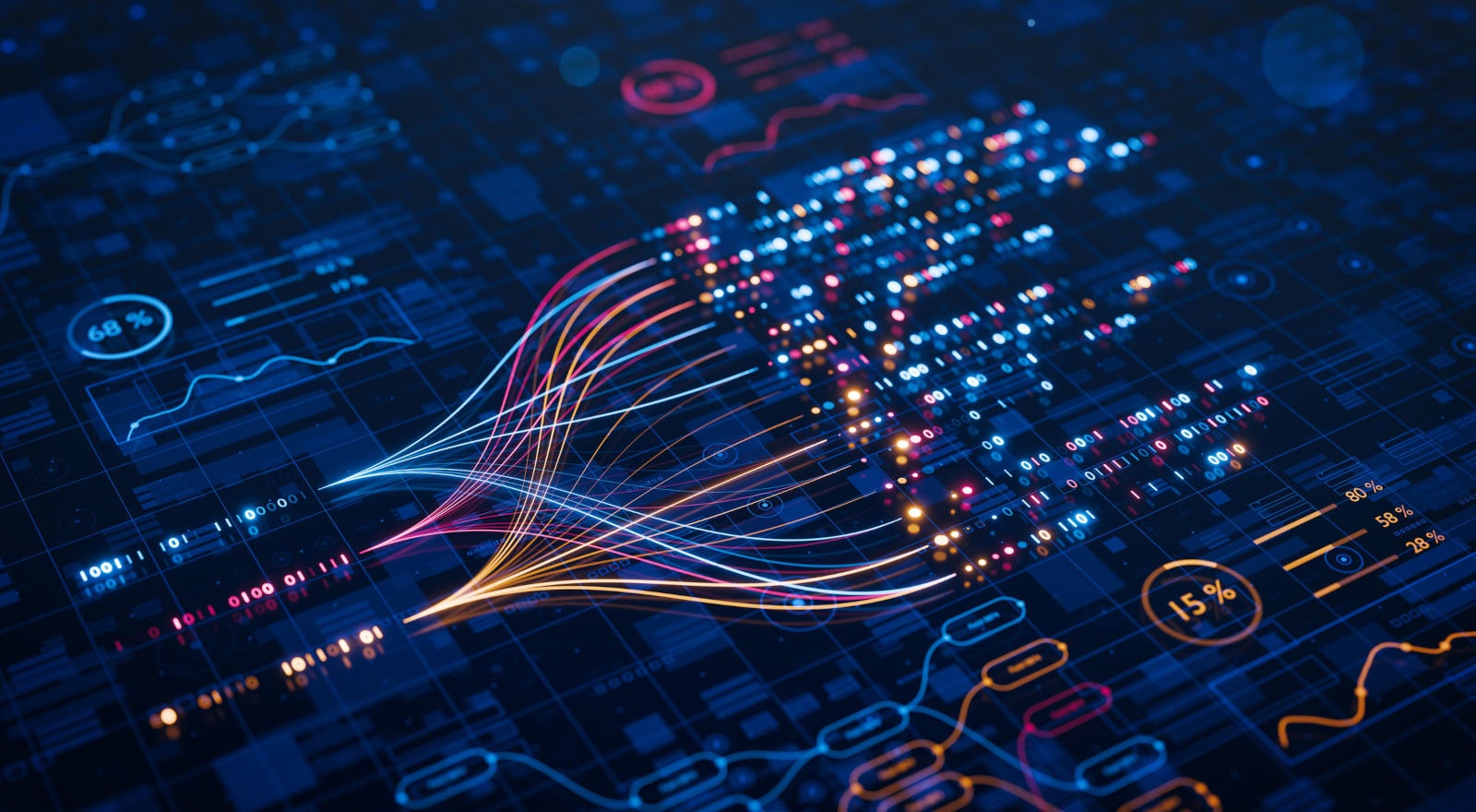 Abstraktes digitales Interface mit leuchtenden Datenströmen, binären Codes, grafischen Kurven und Prozentanzeigen auf einem dunklen, technologischen Hintergrund.