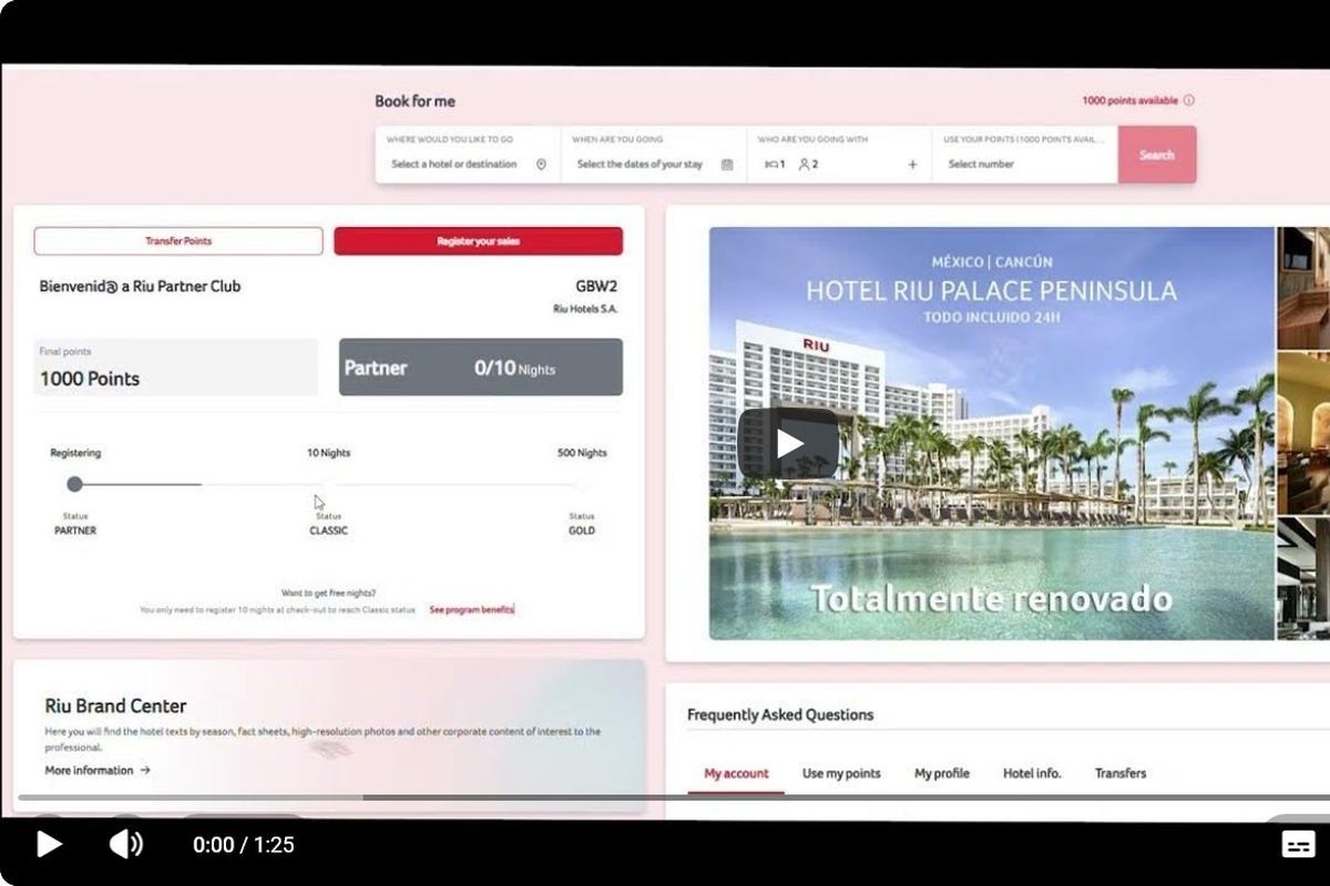 Screenshot der Riu Partner Club Benutzeroberfläche mit Buchungsmaske, Punktestand, Statusleiste und einer Vorschau des Hotel Riu Palace Peninsula in Cancún.