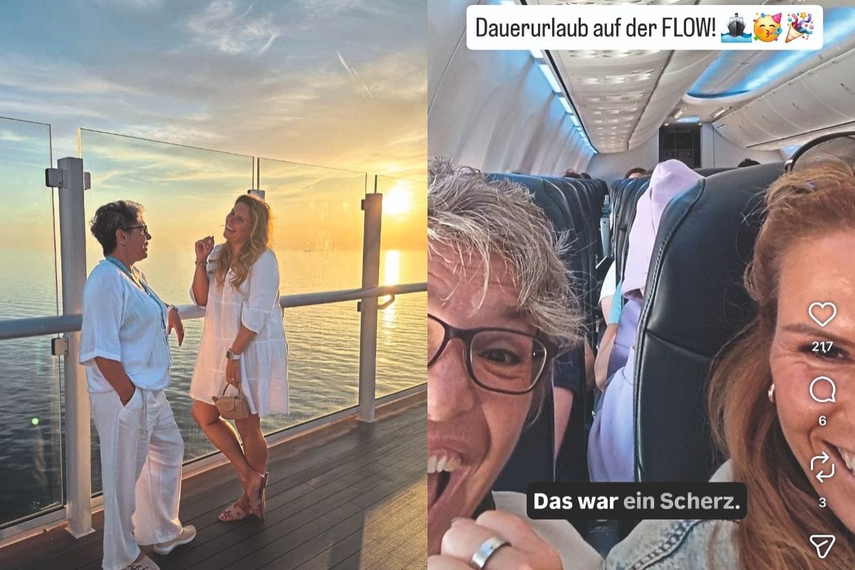 Zwei Frauen stehen auf einem Schiffsdeck bei Sonnenuntergang und rechts ein Selfie von zwei Frauen in der Kabine eines Flugzeugs mit Textüberlagerungen.