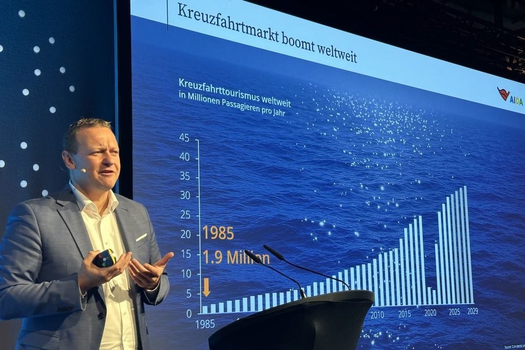 Ein Mann im blauen Sakko steht vor einer großen Leinwand, die ein Balkendiagramm zur Entwicklung des weltweiten Kreuzfahrttourismus seit 1985 zeigt.