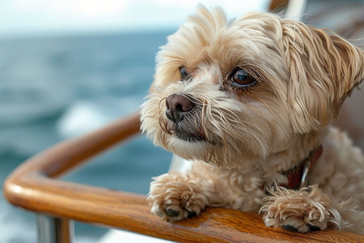Ein kleiner, beiger Hund mit lockigem Fell schaut aufmerksam über ein hölzernes Geländer, im Hintergrund ist verschwommen das blaue Wasser zu erkennen.