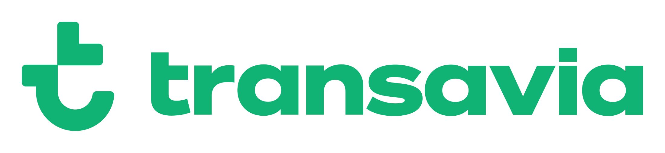 Das grüne Logo der Fluggesellschaft Transavia besteht aus einem stilisierten Buchstaben t als Symbol und dem Schriftzug transavia in einer serifenlosen Schrift.