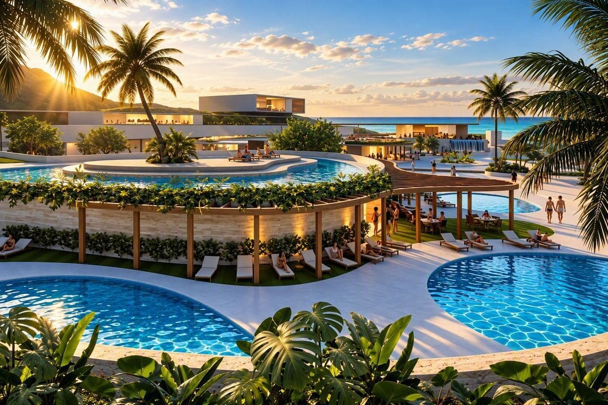 Eine weitläufige Hotelanlage mit mehreren miteinander verbundenen Swimmingpools, Palmen, modernen Gebäuden und Gästen bei Sonnenuntergang am Meer gelegen.