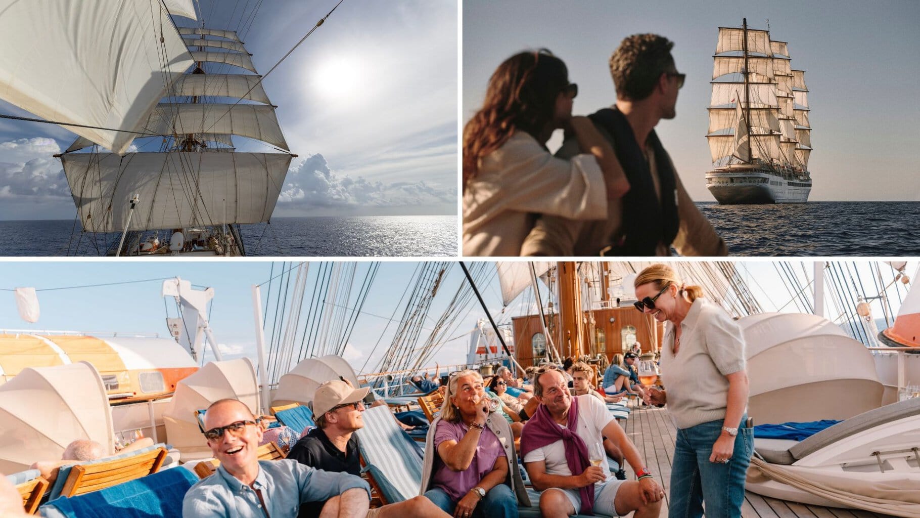 Eine Collage zeigt ein großes Segelschiff auf offener See, ein Paar beim Blick auf das Schiff und eine Gruppe Menschen auf dem Deck eines Segelschiffs.