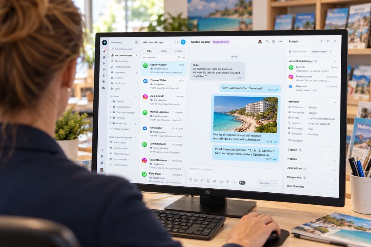 Eine Person sitzt vor einem Computerbildschirm, auf dem eine Software mit einer Chat-Oberfläche und verschiedenen Kundenkontakten in einem Büro zu sehen ist.