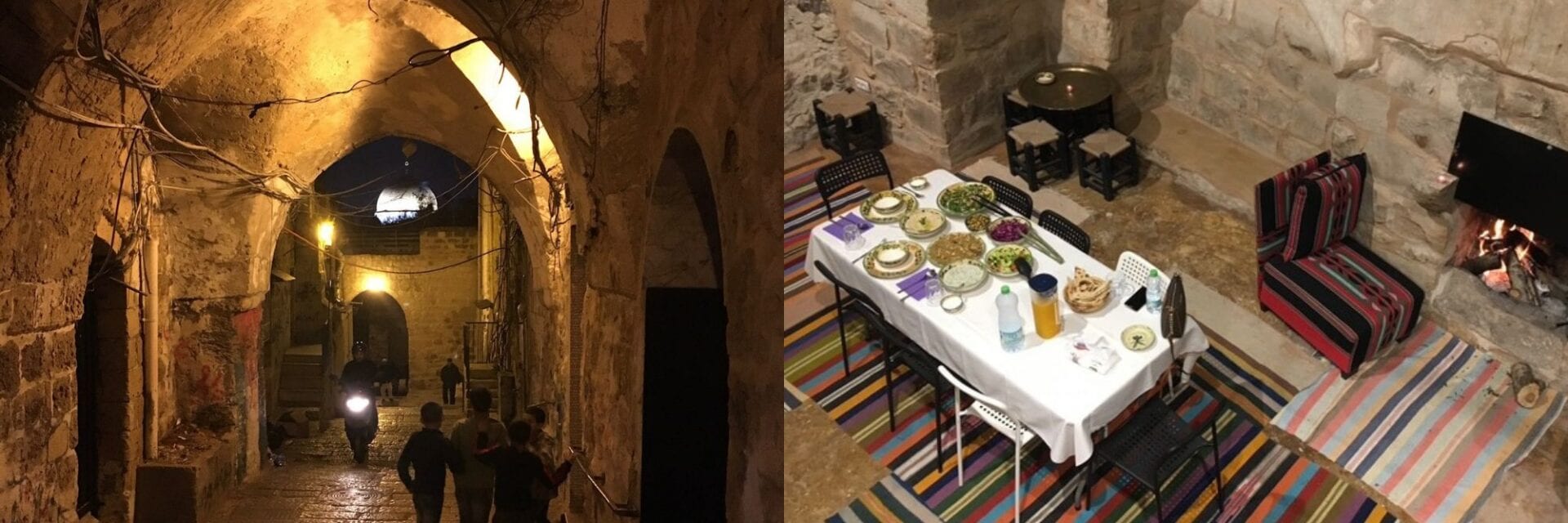 palaestina Eine geteilte Ansicht zeigt links eine nächtliche Gasse mit Steinbögen und rechts einen Innenraum mit einem gedeckten Esstisch und einem Kaminfeuer.