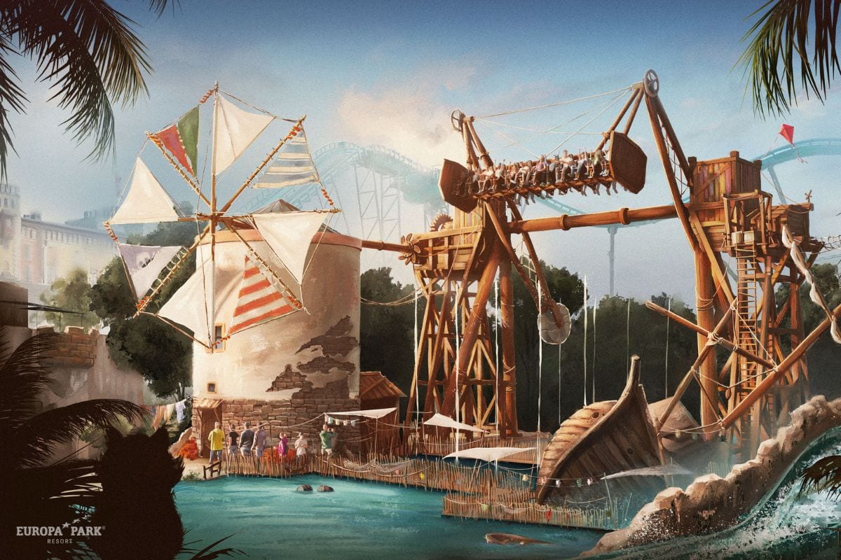 Eine künstlerische Darstellung einer Fahrattraktion im Europa-Park mit einer Windmühle, einem hölzernen Schaukelgeschäft und einem Schiffswrack am Wasser.