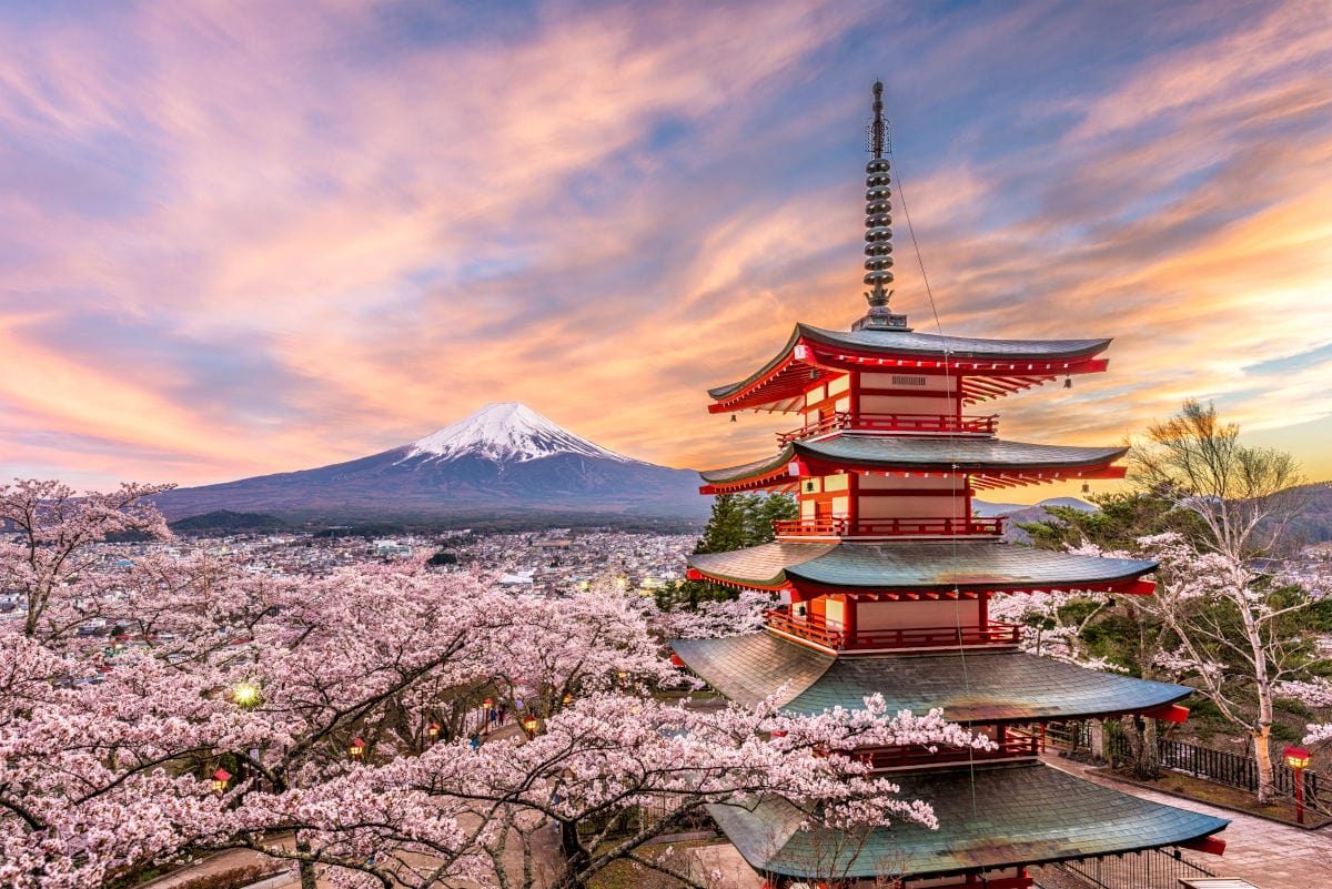 Blick auf die rote Chureito-Pagode vor dem schneebedeckten Berg Fuji, umgeben von blühenden Kirschbäumen unter einem farbenfrohen Abendhimmel in Japan.