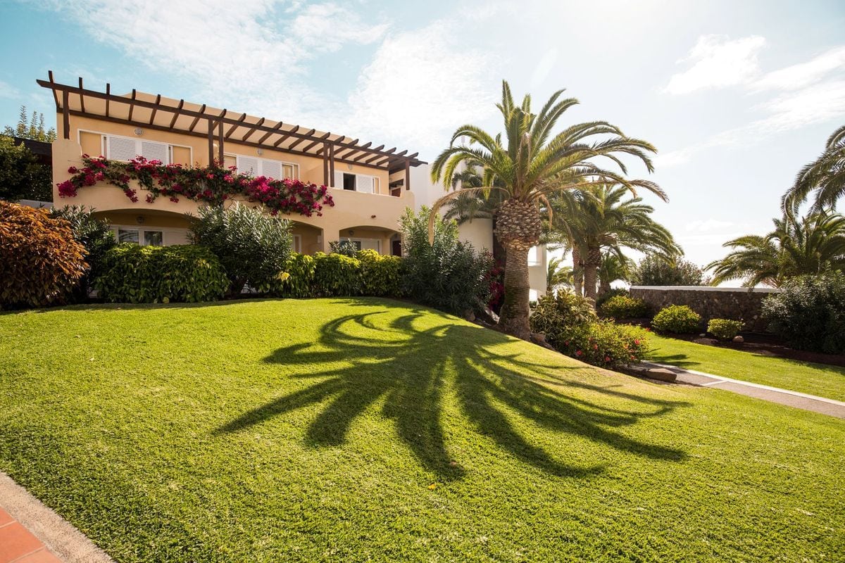 Ein zweistöckiges Gebäude mit Pergola und blühenden Bougainvilleen steht neben einer Palme, deren Schatten sich deutlich auf dem grünen Rasen abzeichnet.