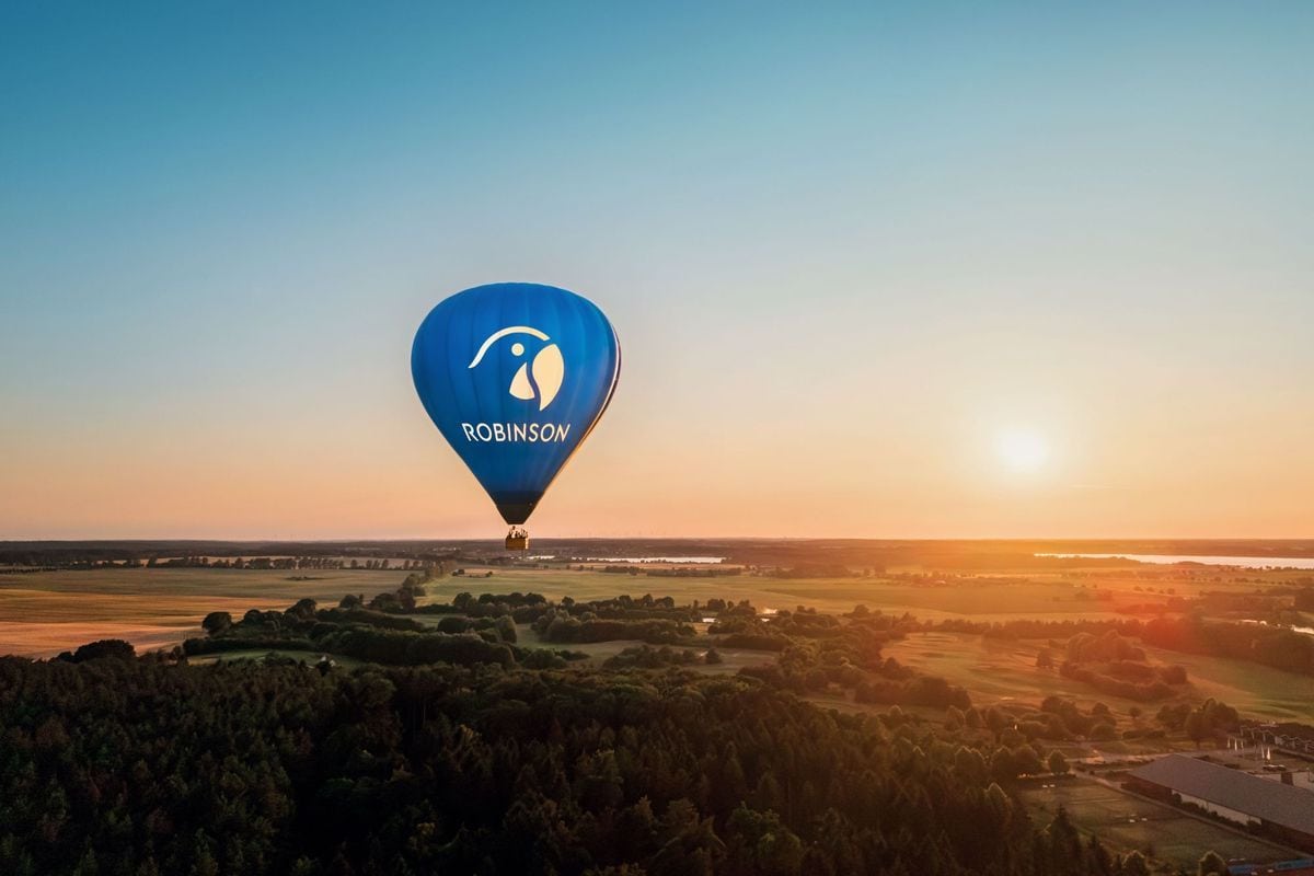 Ein blauer Heißluftballon mit dem weißen Logo und Schriftzug von ROBINSON schwebt während des Sonnenuntergangs über einer weitläufigen Wald- und Wiesenlandschaft.